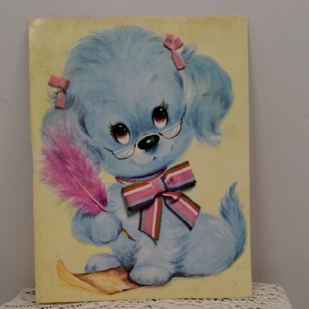 Whimsical Blue Puppy Art Print with Pink Details